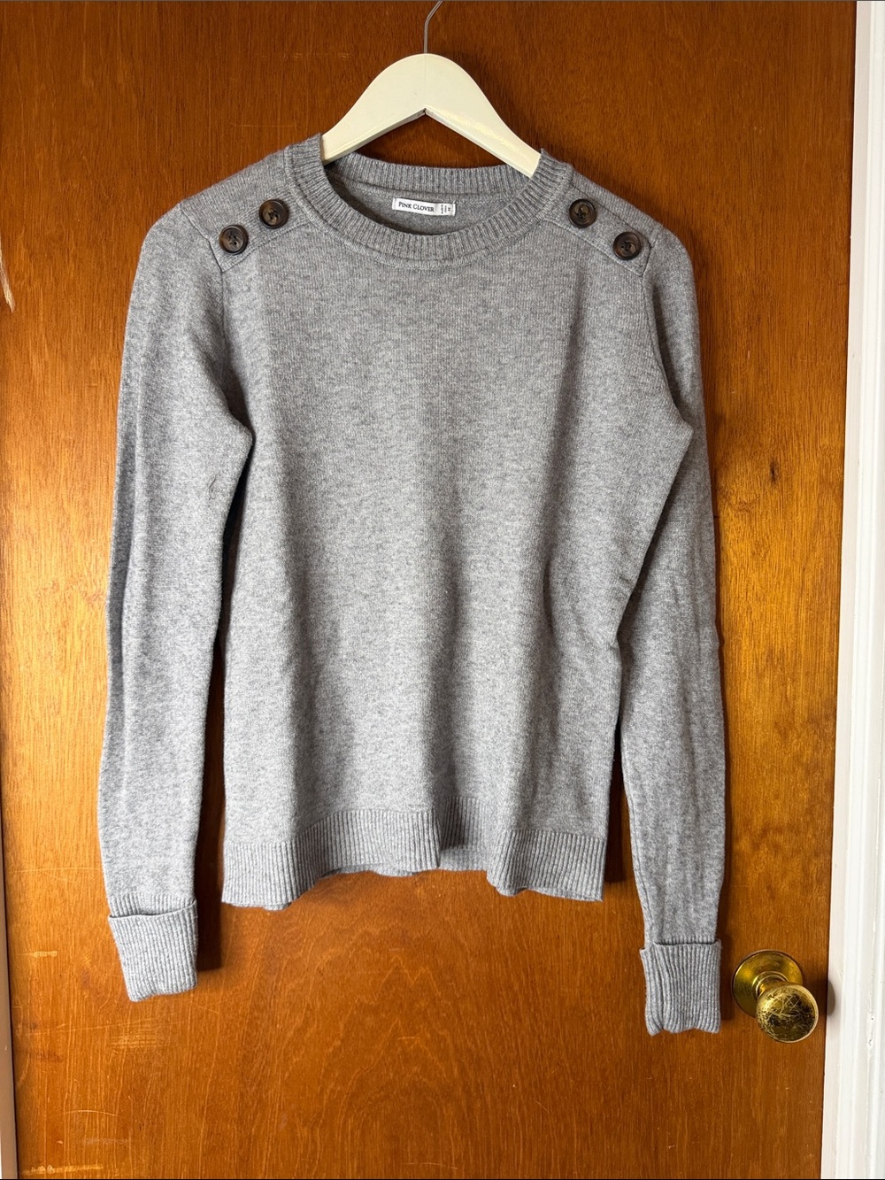 Pink Clover Gray Crewneck Sweater with Shoulder Buttons